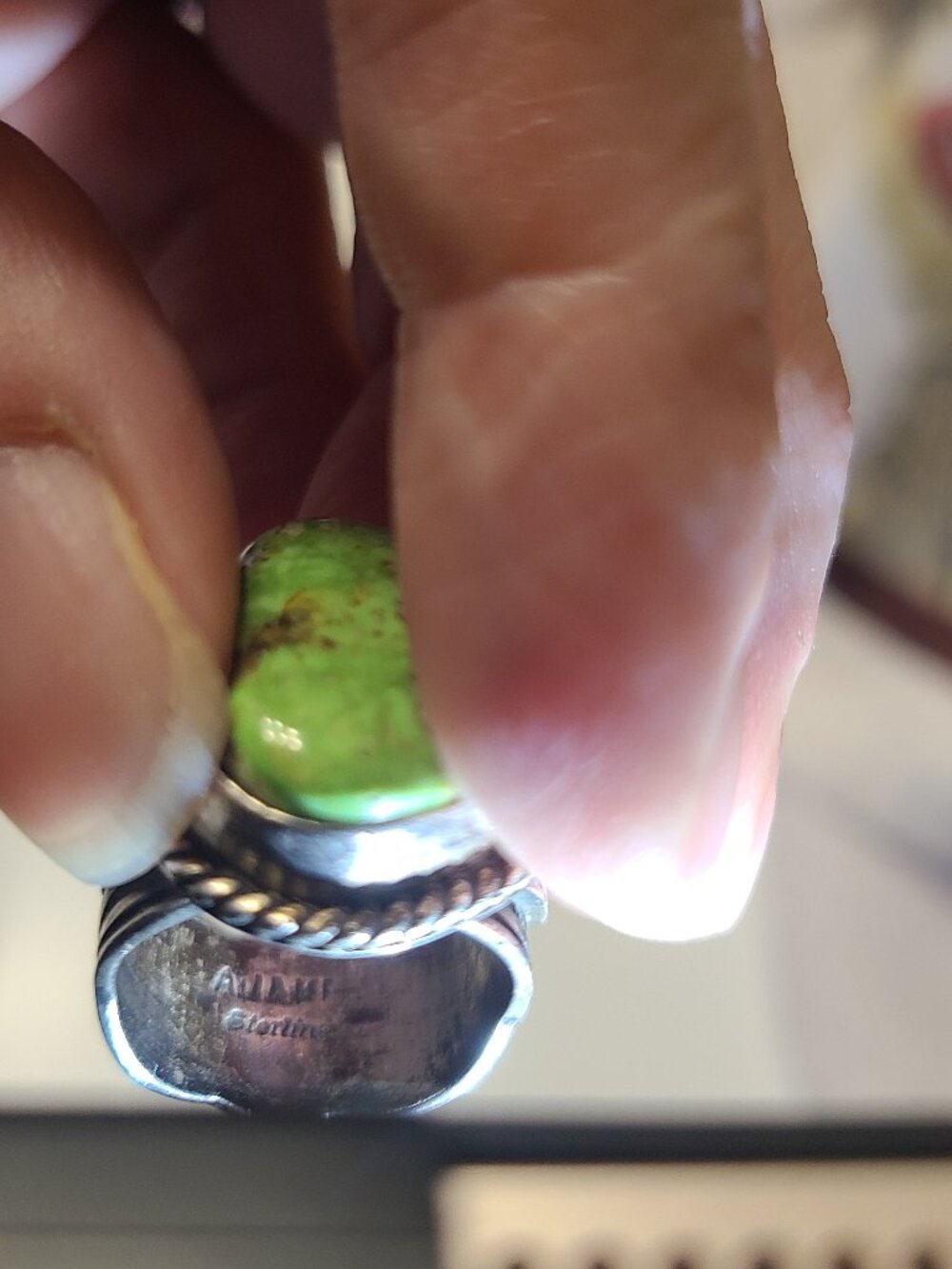 ✨RARE Albert Jake Navajo Green Gaspeite Sterling Silver Ring Heavy Stamp Work S5